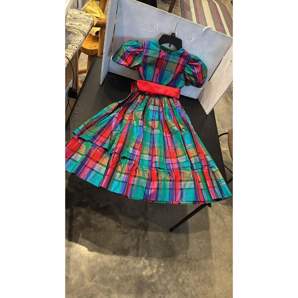 Plaid Puff Sleeve Girls 10-12 Christmas Dress with Ribbon Belt